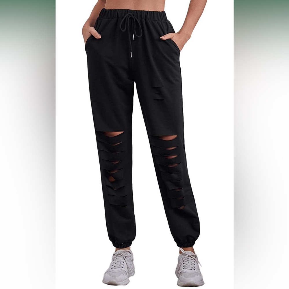 Romwe Women's Ripped Sweatpants Drawstring Waist Athletic Jogger Pants w/ Pocket